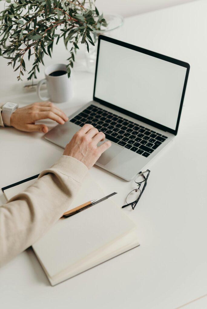 A clean and modern workspace featuring a laptop, houseplant, and notebook.